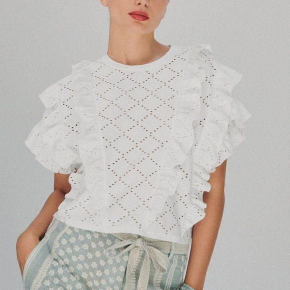 NEW Zara TOP WITH DIE-CUT EMBROIDERY BLOUSE KNIT WHITE WOMENS SIZE‎ L - Picture 1 of 6